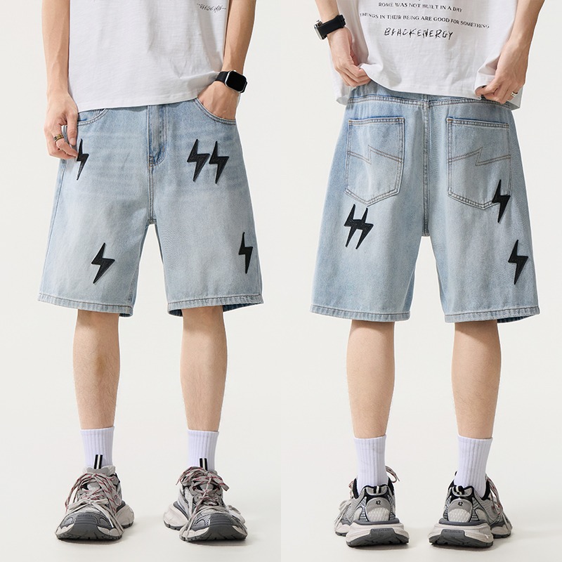 Street Fashion American - Celana Pendek Bermuda Denim Patchwork Kulit