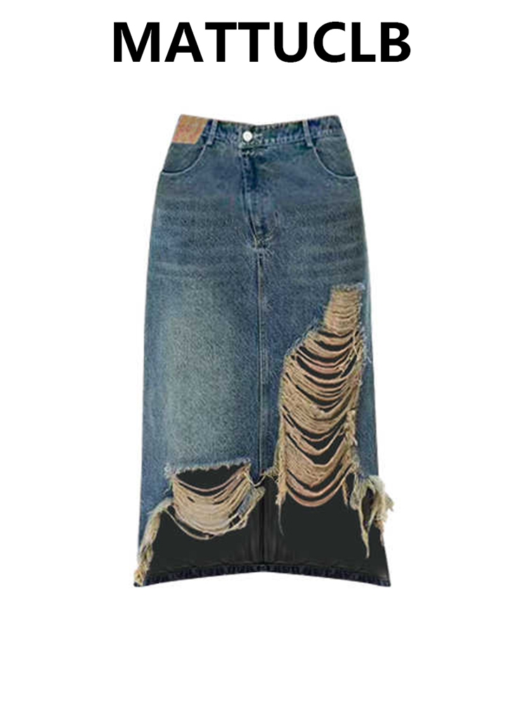 Street Fashion American - Rok Midi Wanita 2000-an Rok Denim