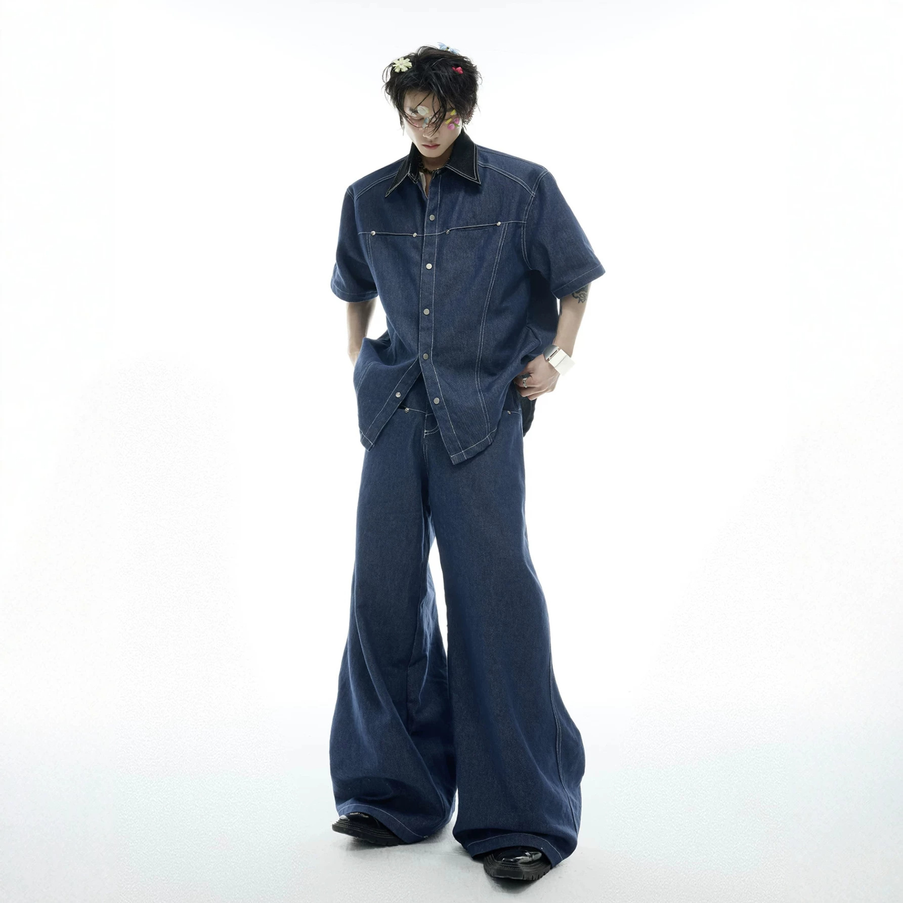 Street Fashion American - Set Denim Pria Musim Panas Gaya