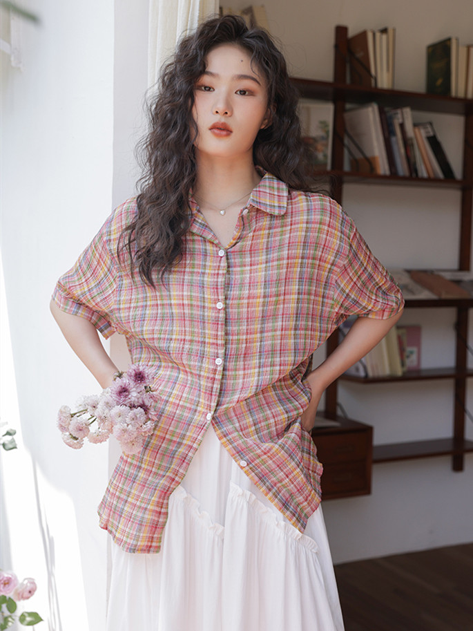 Street Fashion Vintage - Kemeja katun kerah lipat wanita baru