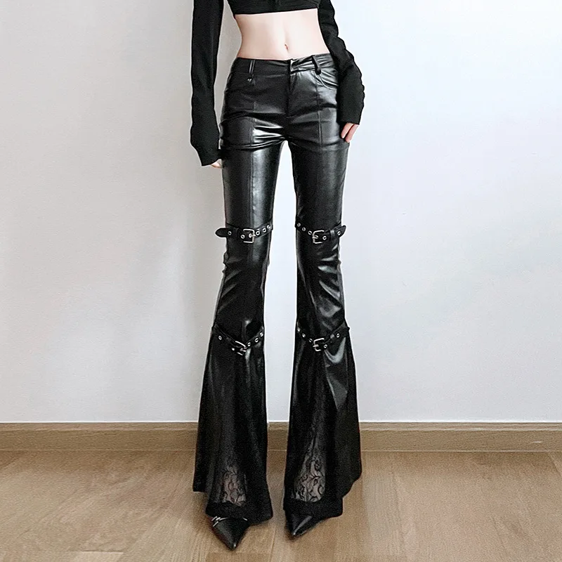 Street Fashion Vintage - Celana Kulot Kulit PU Wanita, Gesper