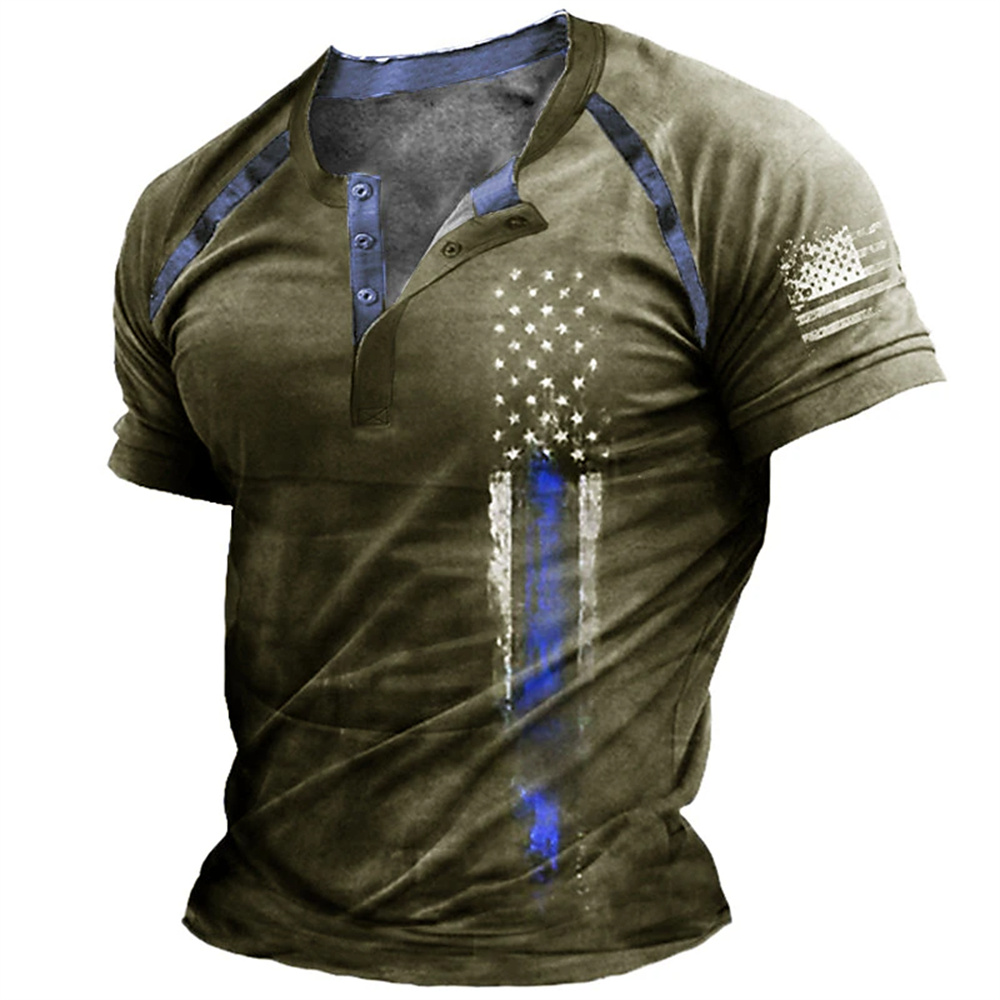 Kaos Henry Pria Motif Bendera  - Street Fashion Vintage ulasan dan harga